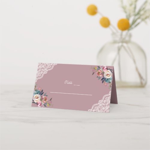 Whimsical Dusty Blue Dusty Rose Flowers Place Card