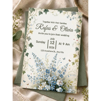 Whimsical Dusty Blue Floral and Ivy Wedding  Invitation