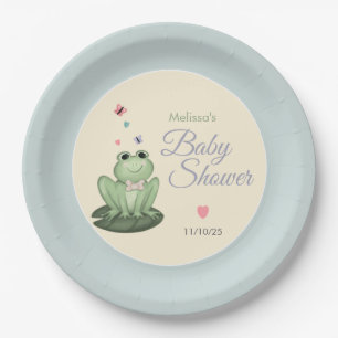 Whimsical Dusty Blue Frog Baby Boy Shower Paper Plates