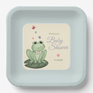 Whimsical Dusty Blue Frog Baby Boy Shower Paper Plates