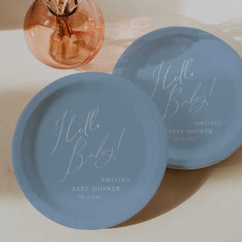 Whimsical Dusty Blue Hello Baby Baby Shower Paper Plates