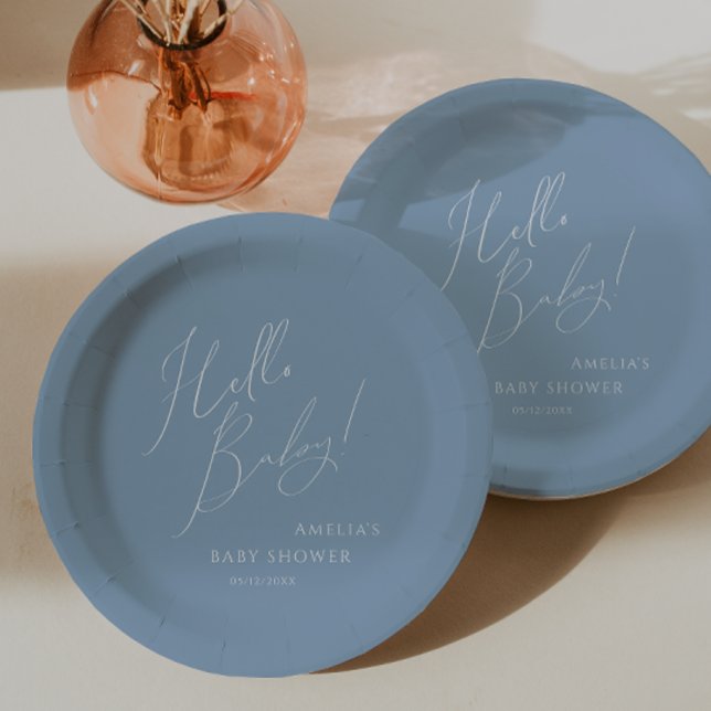 Whimsical Dusty Blue Hello Baby! Baby Shower Paper Plates (Creator Uploaded)