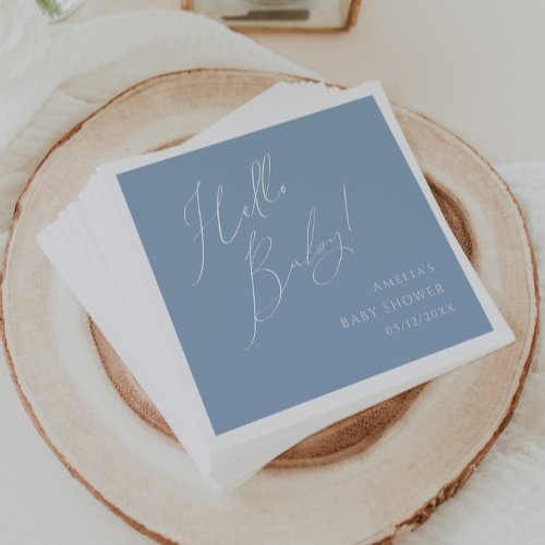 Whimsical Dusty Blue Hello Baby Shower Napkins