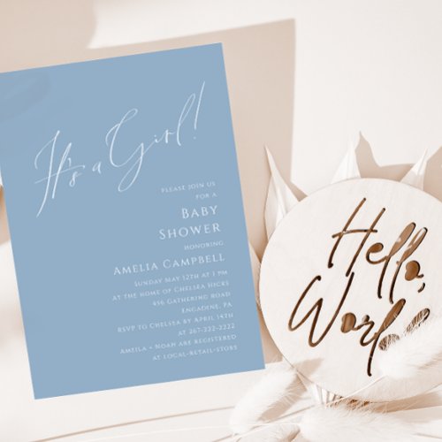 Whimsical Dusty Blue Its a Girl Baby Shower  Invitation