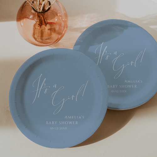 Whimsical Dusty Blue Its a Girl Baby Shower Paper Plates