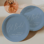 Whimsical Dusty Blue Oh Baby! Baby Shower Paper Plates<br><div class="desc">Introducing our whimsical dusty blue oh baby! baby shower paper plates, perfect for your simple modern boho spring or winter celebration! This plate has a boho-chic vibe with elegant calligraphy and a minimalist white-on-blue design, making it ideal for boys. Plus, it's editable, so you can add your own classy, whimsical...</div>