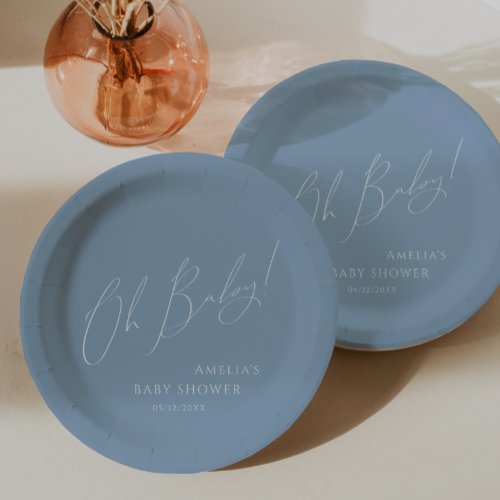 Whimsical Dusty Blue Oh Baby Baby Shower Paper Plates