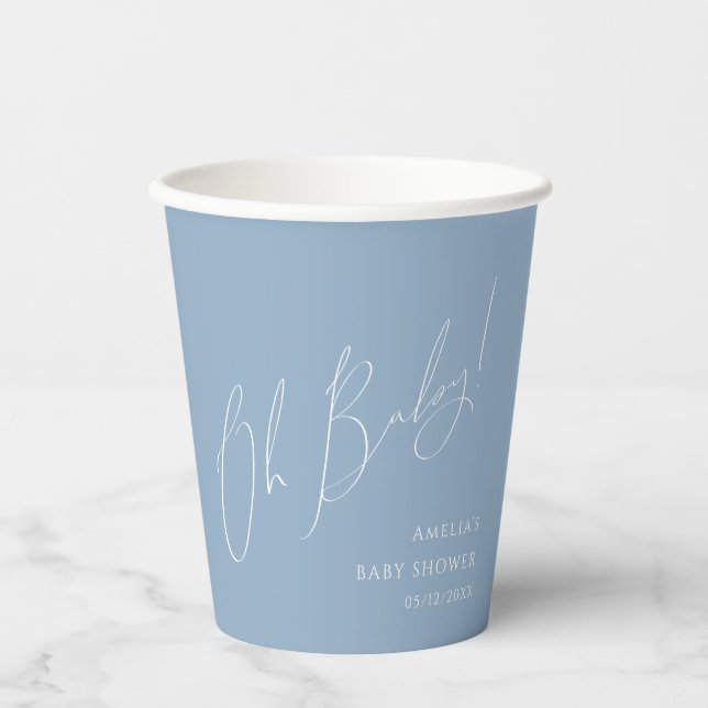 Whimsical Dusty Blue Oh Baby Shower Paper Cups (Front)