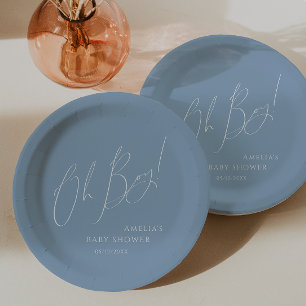 Whimsical Dusty Blue Oh Boy! Baby Shower Paper Plates