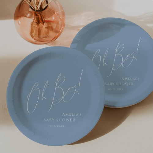 Whimsical Dusty Blue Oh Boy Baby Shower Paper Plates