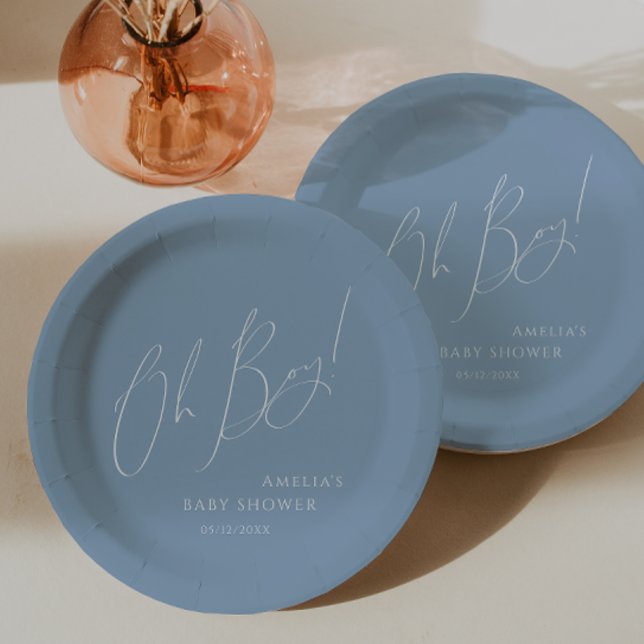 Whimsical Dusty Blue Oh Boy! Baby Shower Paper Plates (Creator Uploaded)