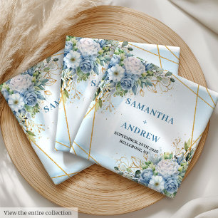 Whimsical Dusty Blue Peonies and White Wedding Cloth Napkin
