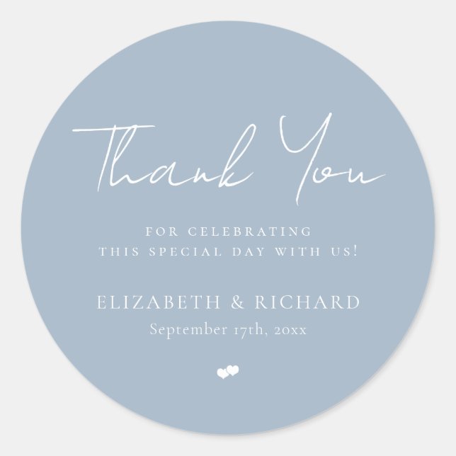 Whimsical Dusty Blue Script Thank You Wedding Classic Round Sticker (Front)