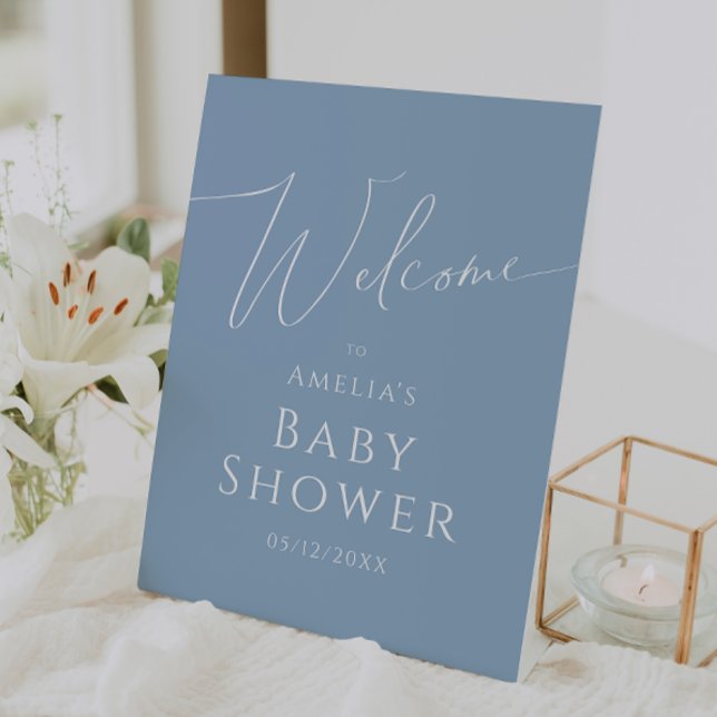 Whimsical Dusty Blue Welcome Baby Shower Pedestal Sign (Creator Uploaded)