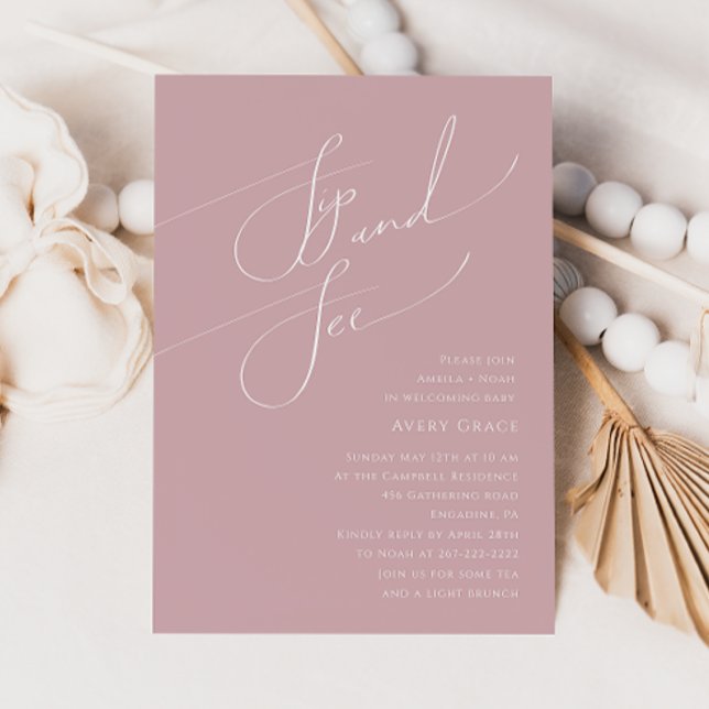 Whimsical Dusty Rose Baby Sip and See Invitation (Creator Uploaded)