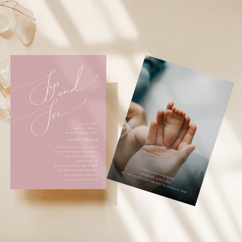 Whimsical Dusty Rose  Baby Sip and See Photo Invitation