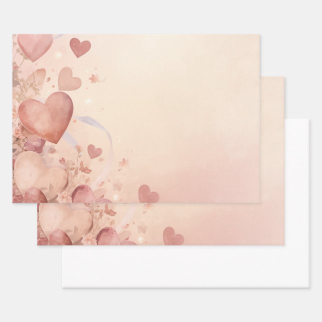 Whimsical Dusty Rose Heart Cascade Abstract Wrapping Paper Sheets (Set)
