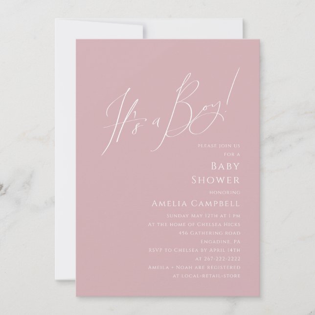 Whimsical Dusty Rose It's a Boy Baby Shower Invitation (Front)