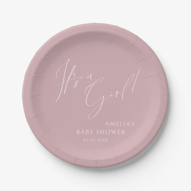 Whimsical Dusty Rose It's a Girl! Baby Shower Paper Plates (Front)