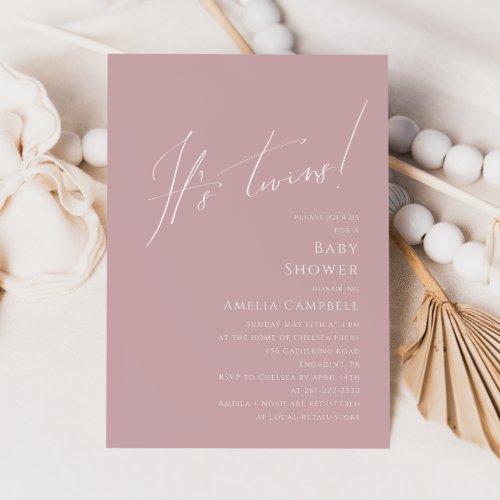 Whimsical Dusty Rose Its Twins Baby Shower Invitation