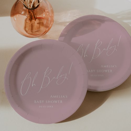 Whimsical Dusty Rose Oh Baby Baby Shower Paper Plates