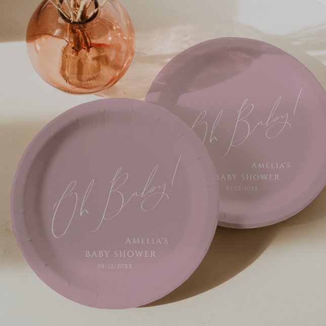 Whimsical Dusty Rose Oh Baby! Baby Shower Paper Plates (Creator Uploaded)