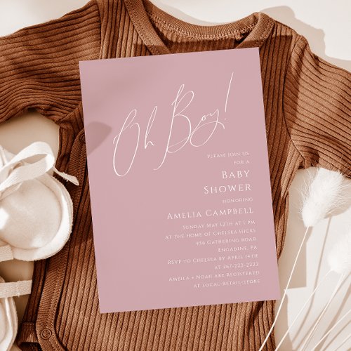 Whimsical Dusty Rose Oh Boy Baby Shower Invitation