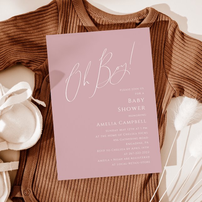 Whimsical Dusty Rose Oh Boy! Baby Shower Invitation (Creator Uploaded)