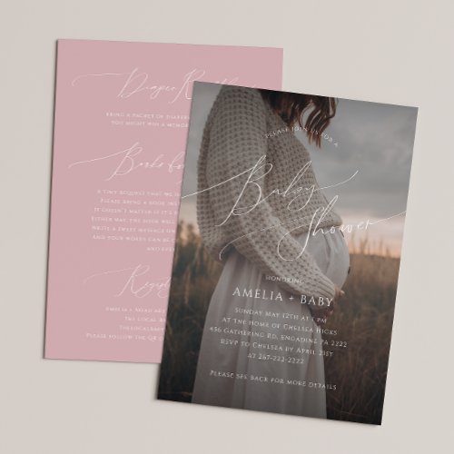 Whimsical Dusty Rose Photo All in One Baby Shower Invitation