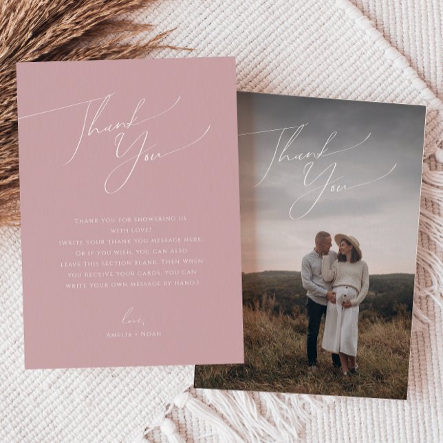 Whimsical Dusty Rose Vertical Photo Baby Shower Thank You Card (Creator Uploaded)