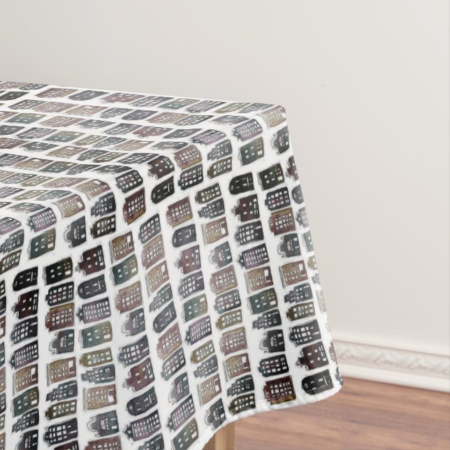 Whimsical Dutch Houses Amsterdam Quirky Neutral Tablecloth (In Situ)