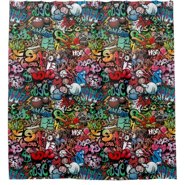 Whimsical dynamic street art Graffiti art pattern Shower Curtain (Front)
