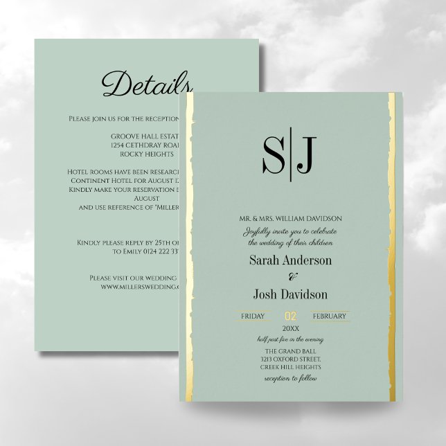 Whimsical Earth Tone Blue Gold Monogram Wedding Foil Invitation (Creator Uploaded)