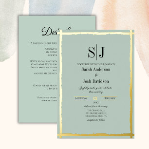 Whimsical Earth-toned Blue Golden Borders Wedding Foil Invitation