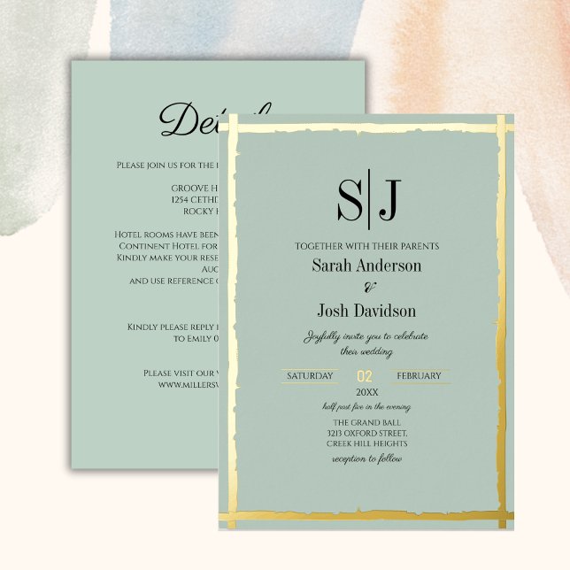 Whimsical Earth-toned Blue Golden Borders Wedding Foil Invitation (Creator Uploaded)