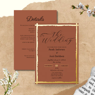 Whimsical Earth-toned Terracota Gold Wedding Foil Invitation