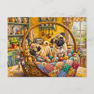 Whimsical Easter Basket Mops Dog Illustration Holiday Postcard