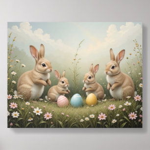 Whimsical Easter Bunnies in Meadow Rustic Pastel Acrylic Photo Tile