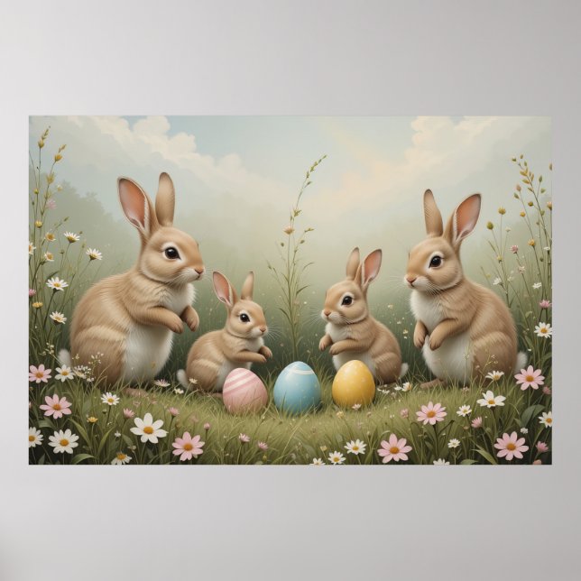 Whimsical Easter Bunnies in Meadow Rustic Pastel  Poster (Front)