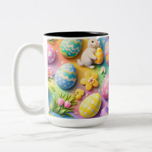 Whimsical Easter bunny and colorful egg pattern c Two-Tone Coffee Mug
