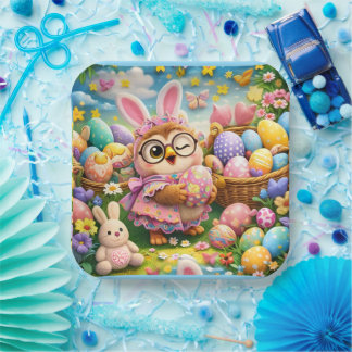 Whimsical Easter bunny and colourful eggs Paper Plates