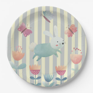 Whimsical Easter Bunny blue and white floral  Paper Plates