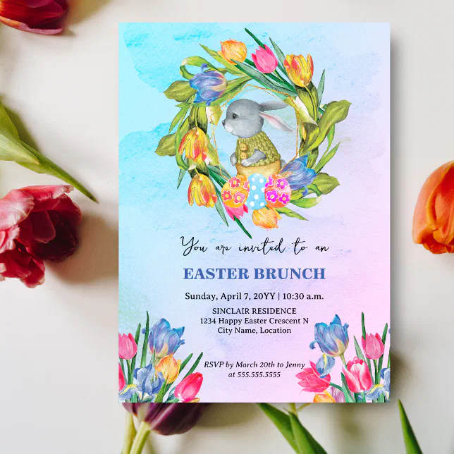 Whimsical Spring Invitations Whimsical Easter Bunny Eggs Tulips Invitation | Zazzle