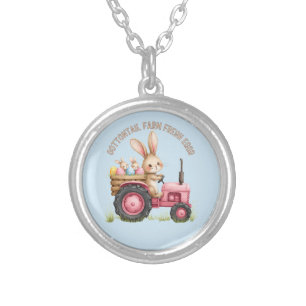 Whimsical Easter Bunny Farm Vintage Tractor Silver Plated Necklace