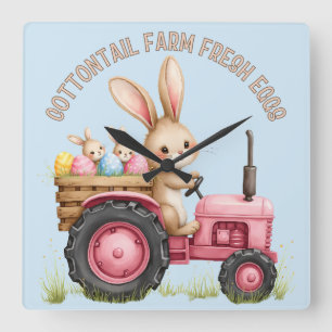 Whimsical Easter Bunny Farm Vintage Tractor Square Wall Clock