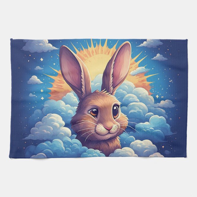 Whimsical Easter Bunny in Clouds 🐰☁️ Soft Pastel  Kitchen Towel (Horizontal)