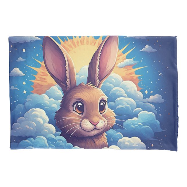 Whimsical Easter Bunny Surrounded By Clouds Pillow Case (Front)