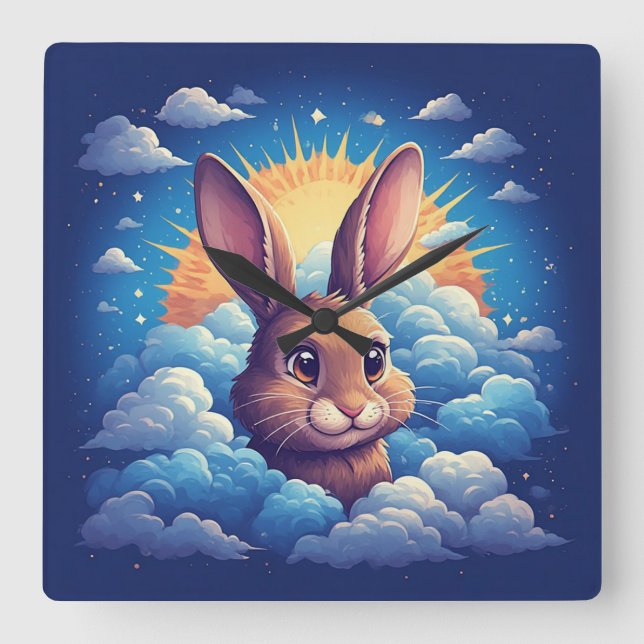 Whimsical Easter Bunny Surrounded By Clouds Square Wall Clock (Front)