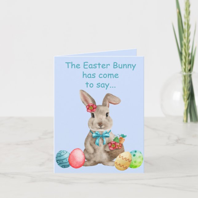 Whimsical Easter Bunny With Colored Eggs   Card (Front)