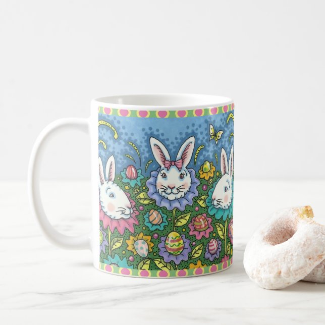 WHIMSICAL EASTER EGG GARDEN, BUNNY RABBIT FLOWERS COFFEE MUG (With Donut)